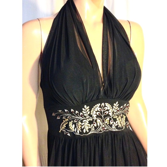 $138 Black Plunge Neck Halter Embroidered Layered Gypsycore Chiffon Dress~4~NWOT - Picture 5 of 12